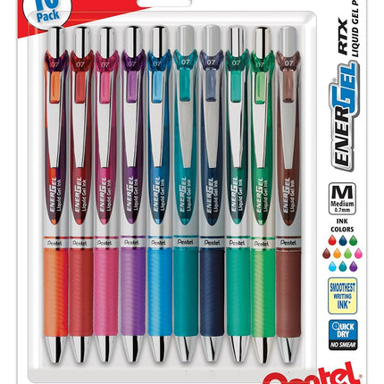 Pentel EnerGel RTX Retractable Liquid Gel Pen, (0.7mm) Medium Line, Metal Tip, Assorted Ink, 10-Pk (BL77BP10M)