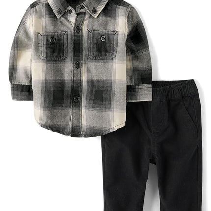 The Children's Place,Bébés Garçons,Ensemble 2 pièces chemise habillée et pantalon à manches longues pour nouveau-nés,Ensemble à carreaux noirs,0 mois,3 mois,Ensemble à carreaux noirs