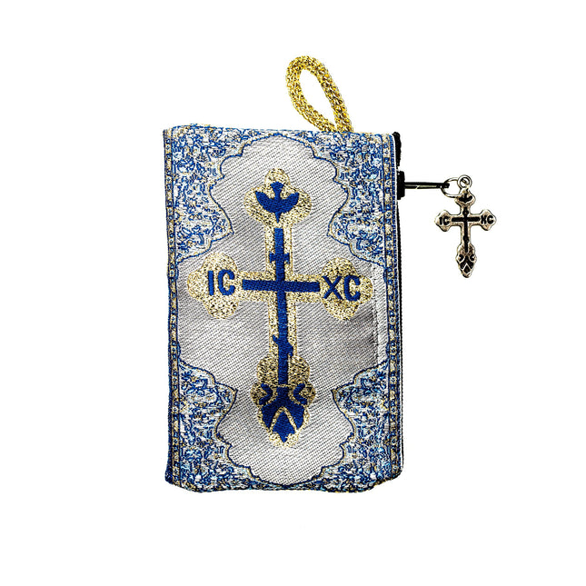 Bolsa para Rosario de la Virgen y el Niño, Tejida a Mano, Forrada, Hecha en Turquía con Hilo Metálico Premium (Azul - Pequeña)