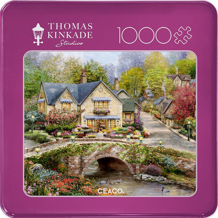 Ceaco - Thomas Kinkade - Summer in Cobblestone Village - 1000 Piece Jigsaw Puzzle for Adults - Collectible Tin Case - Finished Size is 26.6 x 19