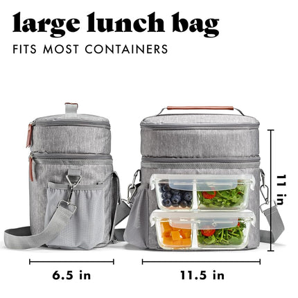 Fit & Fresh Foundry Westminster Dual-Compartment Insulated Lunch Bag for Men, Complete Lunch Set with 2 Containers, Double Deck Insulated Cooler Bag with Adjustable Strap, Steel