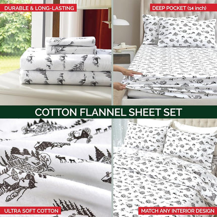 Elegant Comfort Ultra Soft 4-Piece 100% Turkish Cotton Flannel Sheet Set - Holiday Christmas Flannel Sheets, Warm and Cozy Premium Quality, Deep Pocket Fitted Sheet- Twin XL, Winter Cabin