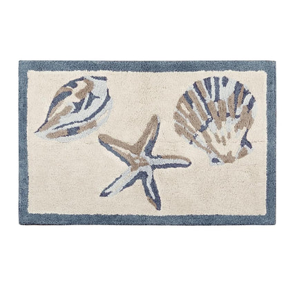 Madison Park Bayside 100% Cotton Tufted Non-Slip Absorbent Ultra Soft Seashells Beach Style Bath Mat Bathroom Rugs, 21X34 Inches Blue