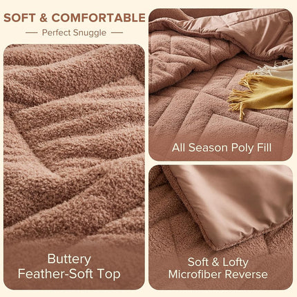 Ensemble de Couette Queen Size Comfort Spaces, Réversible, Ultra Doux, pour Lit Queen Size, Toutes Saisons, Léger, Polaire Sherpa, Ensemble de Lit Queen Size, Pleine/Queen, Marron, 3 Pièces