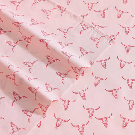 Wrangler - Draps de lit Twin XL, Literie Respirante et Infroissable avec Taie d'Oreiller Assortie, Légers pour une Utilisation Toute l'Année, Essentiels de Dortoir (Crânes de Bœuf Roses)