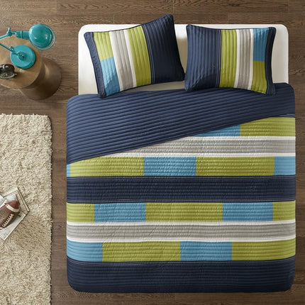 Comfort Spaces 3 Piece Quilt Coverlet Bedspread All Season Lightweight Hypoallergenic Pipeline Colorblock Kids Bedding Set, Full/Queen, Pierre Navy/Blue Stripe