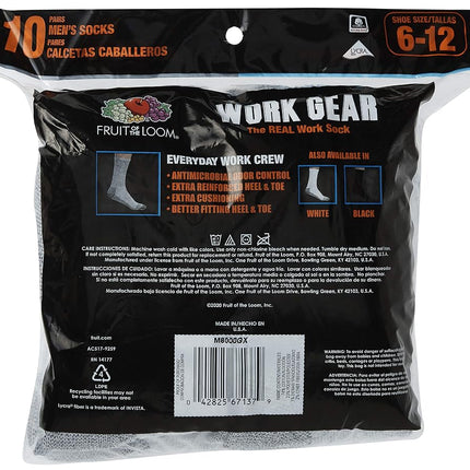 Fruit of the Loom Men's 10-Pair Everyday Work Crew Socks Casual, Gray, One Size (Pack of 10)