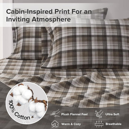 WOOLRICH Cotton Sheet Set Cottage Charms Print, 100% Cotton Flannel Sheets Warm & Fuzzy Bedding Set King Size Sheets, Fitted Pocket Fits Up to 14" Mattress, King Brown Plaid, 4 Piece