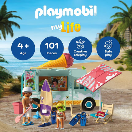 Playmobil | Vacation on the Beach | Ice Cream Truck with Surf Shop | Toy from 4 years | Gift for children | Encourages creativity & role play | Beach adventure with figures & vehicle | 71904