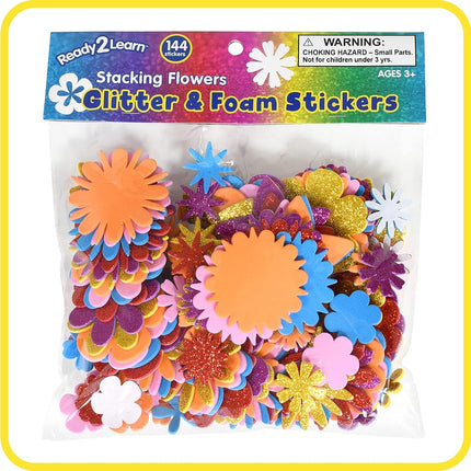 Ready 2 Learn Glitter and Foam Stickers - Stacking Flowers - Pack of 144-6 Colors - 24 Shapes - Kids Self-Adhesive Stickers - Cards, Laptops, Crafts