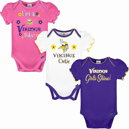 NFL Minnesota Vikings 3 Pack Ruffle Sleeve Team Bodysuit, Purple/White/Pink Minnesota Vikings, 6-12 Months