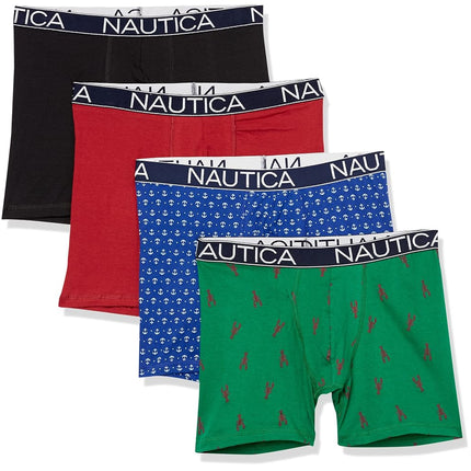 Nautica Men's Cotton Stretch 4 Pack Boxer Brief, Black Red/Bright Cobalt/Lobster Print, Medium