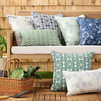 MARTHA STEWART Vineyard Vines Indoor Outdoor Decorative Pillow 2-Pack Set, UV Fade Resistant, Water Repellent, Printed Garden Design, 18"x18", Aqua Blue