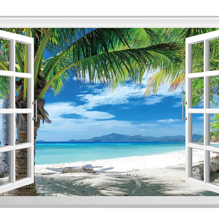 FLFK Fake Window Wall Mural - Beach Palm Trees Fau