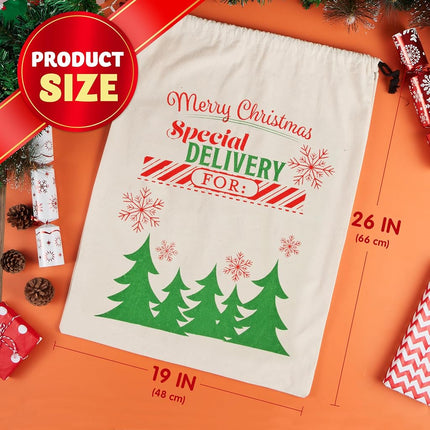 JOYIN 3 PCS Christmas Large Canvas Gift Bag 26" x 19", Drawstring Santa Burlap Sack Reusable Personalized Cloth Pouch for Xmas Presents Package, Party Supplies, Hoilday Decoration, Green&White&Red