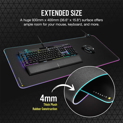 Corsair MM700 RGB Extended Cloth Gaming Mouse Pad - 930mm x 400mm - 360° RGB Lighting - Two USB Port Hub - Thick Rubber - Black