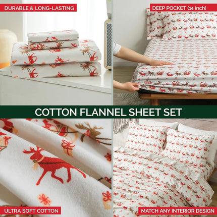 Elegant Comfort Ultra Soft 4-Piece 100% Turkish Cotton Flannel Sheet Set - Holiday Christmas Flannel Sheets, Warm and Cozy Anti-Pill Premium Quality, Deep Pocket Fitted Sheet- Twin XL, Santa Sleigh