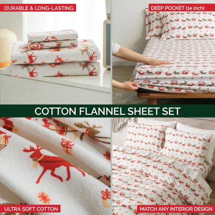 Elegant Comfort Ultra Soft 4-Piece 100% Turkish Cotton Flannel Sheet Set - Holiday Christmas Flannel Sheets, Warm and Cozy Anti-Pill Premium Quality, Deep Pocket Fitted Sheet- Twin XL, Santa Sleigh