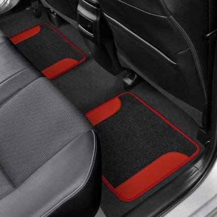 BDK Floor Mats for Cars, Two-Tone Carpet Car Floor Mats with Faux Leather Accents, Automotive Floor Mat Set with Built-In Heel Pad, Stylish Interior Car Accessories (Red)
