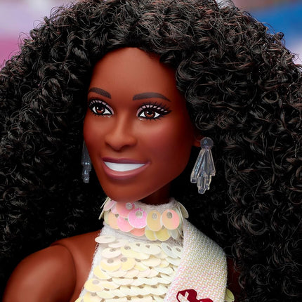 Barbie The Movie President Collectible Doll, Issa Rae as President Wearing Shimmery White Blouse & Short Set, With Dark Curly Hair & President Sash, JBJ55