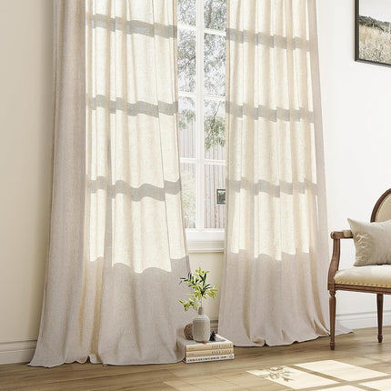 Aersas Linen Pinch Pleated Curtains 84 Inch Length 2 Panels Set for Living Room Cream Semi Sheer Window Curtain for Bedroom Boho Farmhouse Neutral Back Tab Drape Decor with Hooks, Natural Beige Ivory