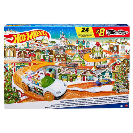 Hot Wheels Advent Calendar, 8 Hot Wheels Cars and 16 Winter-Themed Accessories behind 24 Numbered Doors Plus a Playmat, For Kids & Hot Wheels Fans, HKL74