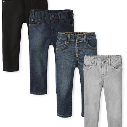 The Children's Place Jeans ajustados elásticos básicos multibolsillo para bebé niño y niño, lavado a la piedra/Piscina de marea/Gris paloma/Lavado negro, paquete de 4, 2T