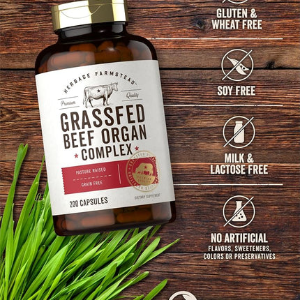 Grassfed Beef Organs Capsules 3250mg | 200 Count | Desiccated Liver, Kidney, Pancreas, Heart, Spleen Supplement | Non-GMO, Gluten Free | by Herbage Farmstead
