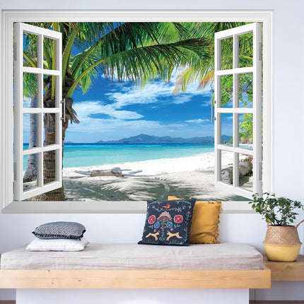 FLFK Fake Window Wall Mural - Beach Palm Trees Faux Window Wall Sticker for Wall Decor, Stick and Peel Wall Decals, 80"x60", Set of 5 Sheets