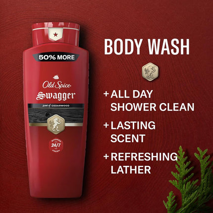 Old Spice Refreshing Body Wash for Men, 3X Defense, 24/7 Shower Fresh with Long Lasting Scent, Red Collection, Swagger with Cedarwood Scent, 16 oz (Pack of 4)