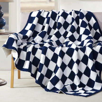 Elegant Comfort Checkered Throw Blanket, Navy Blue Super Soft Cozy Fluffy Warm Throw Blankets for Couch, Sofa, Chair, Bed, Camping, Picnic, Travel Lightweight Bed Blanket (50" x 70")