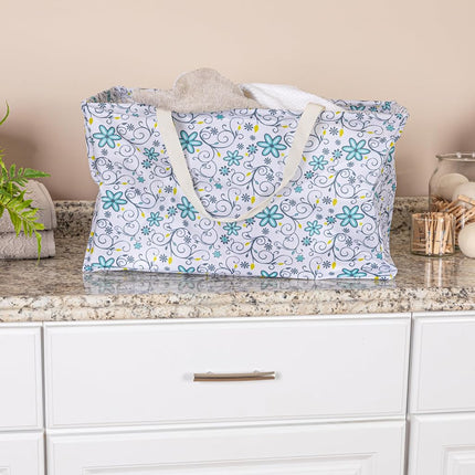 Household Essentials 2244 Krush Canvas Utility Tote | Reusable Grocery Shopping Laundry Carry Bag | White With Floral Design, 22" L X 11" W X 13" H