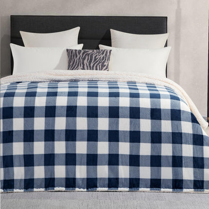 Elegant Comfort Ultra Soft Reversible Buffalo Plaid Flannel Sherpa Blanket - Cozy Silky Checkered Fleece Throw for Couch, Bed - Plush Fuzzy Warm Winter Blanket for Gift, Twin XL, Navy