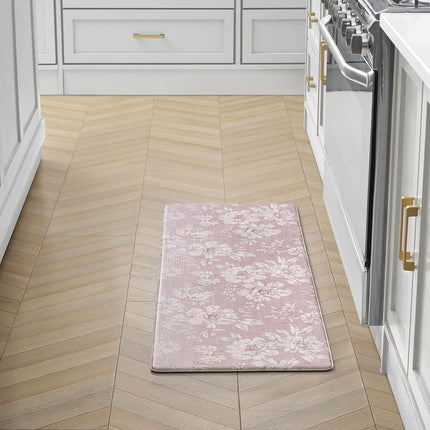 Laura Ashley - Anti-Fatigue Kitchen Mat, Iris Floral Design, Stain, Water & Fade Resistant, Cooking & Standing Relief, Non-Slip Backing, Measures 17.5" x 48", Soft Pink Iris