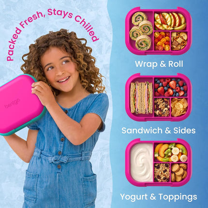 Bentgo® Kids Chill Lunch Box - Bento-Style Lunch Solution with 4 Compartments and Removable Ice Pack for Meals and Snacks On-The-Go - Leak-Proof, Dishwasher Safe, Patented Design (Fuchsia/Teal)