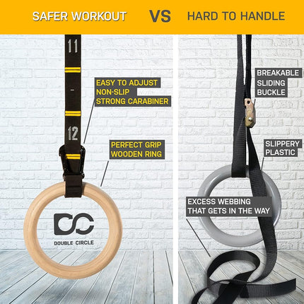 Double Circle Wood Gymnastics Rings with Quick Adjust Numbered Straps and Exercise Videos Guide - Full Body Workout Rings, Calisthenics, Home Gym