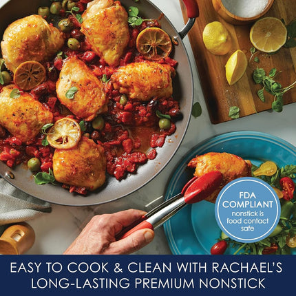 Sartén antiadherente Rachael Ray Cucina de aluminio anodizado de 14 pulgadas con mango auxiliar, gris con mangos rojo arándano