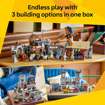 LEGO Creator 3in1 Medieval Horse Knight Castle Toy - Transforms into a Jousting Tournament Scene or a Town - incl. 6 Minifigures - Creative Gift for 9+ Year Old Boys & Girls - 31168