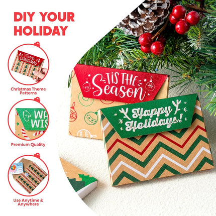 JOYIN 12PCS Gift Card Boxes Holder for Christmas, 3.75" x 2.5" x 0.4" Brown Kraft Paper Envelope Boxes for Presents Wrapping, 12 Design Xmas Holiday Birthday Decor, Small Party Favor Money Cash Holder