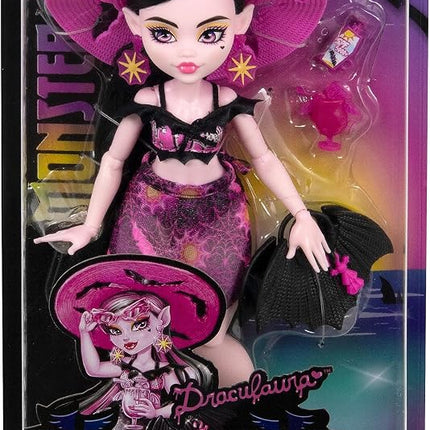 Monster High Scare-adise Island Draculaura Doll with Swimsuit, Sarong and Beach Accessories Like Hat, Sunscreen, and Tote