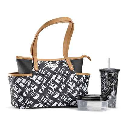 Sac isotherme pour adultes Fit & Fresh Navarto avec poches latérales et poignées de transport, kit complet comprenant un gobelet assorti et un récipient alimentaire réutilisable, noir