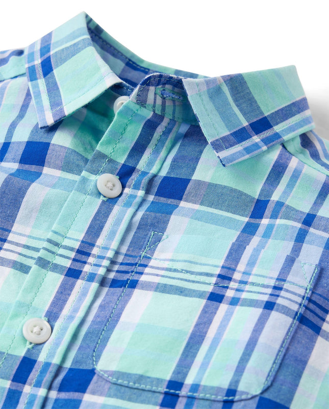 The Children's Place Baby Boys' and Toddler Poplin Long Sleeve Button Down Shirt, Mellow Aqua Plaid, 6-9 Months