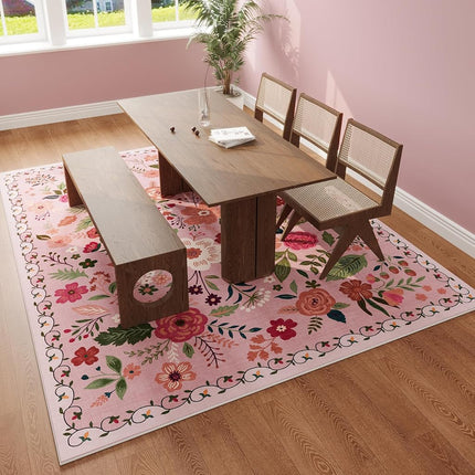 Rugcomf Living Room Rug, 60 x 84 Inch, Machine Washable, Boho Floral Vintage Style, Non-Slip, Low Pile, Large Area Rug for Living Room, Bedroom, Dining, Children's Playroom, Farmhouse (Pink)