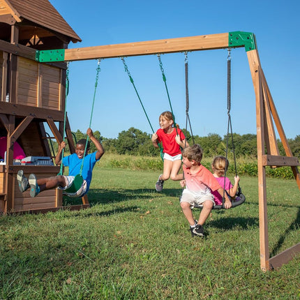 Backyard Discovery Cedar Cove Swing Set | 3m Slide, Tube Slide & Rock Wall