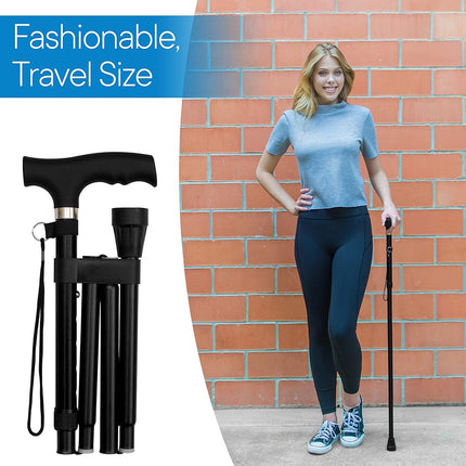 Canne pliante RMS – Canne de marche déportée en aluminium pliable, réglable et légère – Canne de marche pliable avec poignée Derby ergonomique – Aide à la vie quotidienne idéale pour la mobilité réduite (Noir)