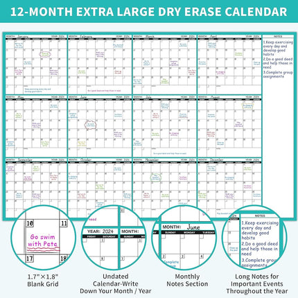 Large Dry Erase Calendar for Wall - Undated 12 Month Wall Calendar, 37”×58", Yearly Wall Calendar Dry Erase, Erasable & Reusable Calendar with 15 Round Stickers, Green Large Wall Calendar Dry Erase