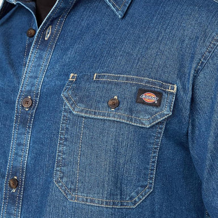 Dickies Men's Flex Long Sleeve Shirt Button, Medium Denim Wash, XL