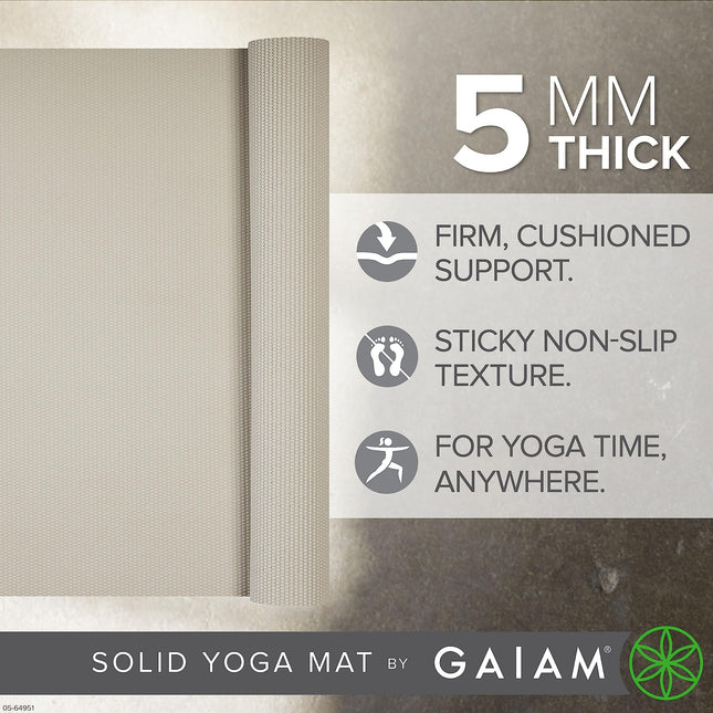 Gaiam Yoga Mat Premium Color Sólido Antideslizante para Ejercicio y Fitness para Todo Tipo de Yoga, Pilates y Entrenamientos en el Suelo, Sandstone, 5mm