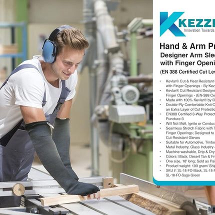 Kevlar Cut & Heat Resistant Designer Arm Sleeves with Finger Openings - 18 inches by Kezzled, Desert Tan, Large