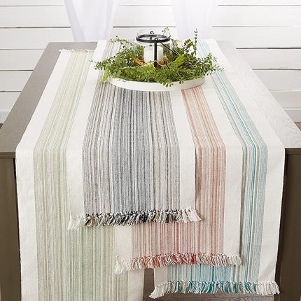 DII Fringed Stripe Tabletop, Table Runner, Cotton, Thyme, 14x72